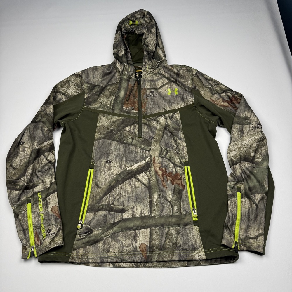 Under Armour Jacket Mens Large Green Camo Hooded 1/2 Zip UA Storm Hunting